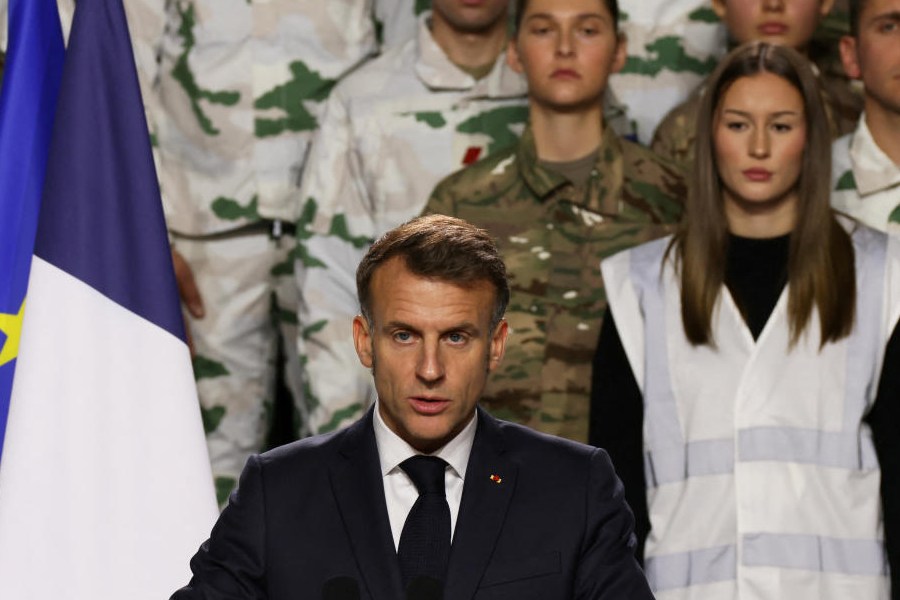 France's President Emmanuel Macron, unveils a new national military service as he speaks to the army at the military base in Varces, French Alps, November 27, 2025.