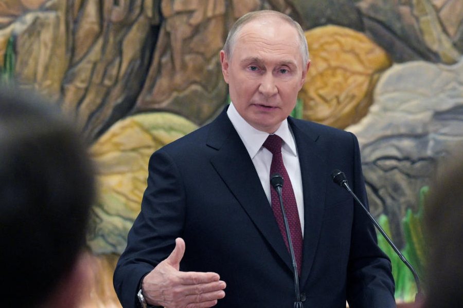 Russian President Vladimir Putin speaks during a press conference following the Collective Security Treaty Organization (CSTO) summit in Bishkek, Kyrgyzstan, November 27, 2025.