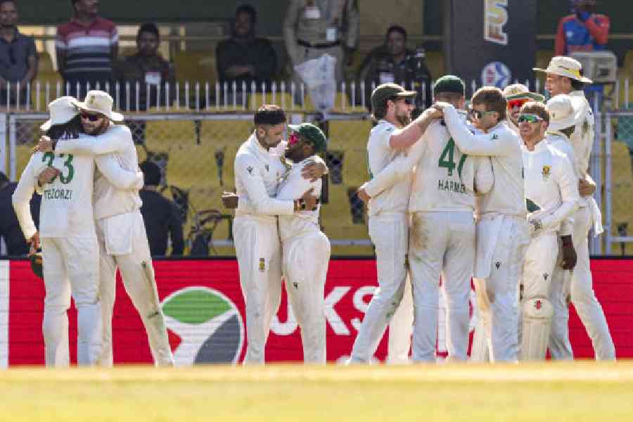 South Africa players celebrate after their Test series whitewash over India. (PTI)