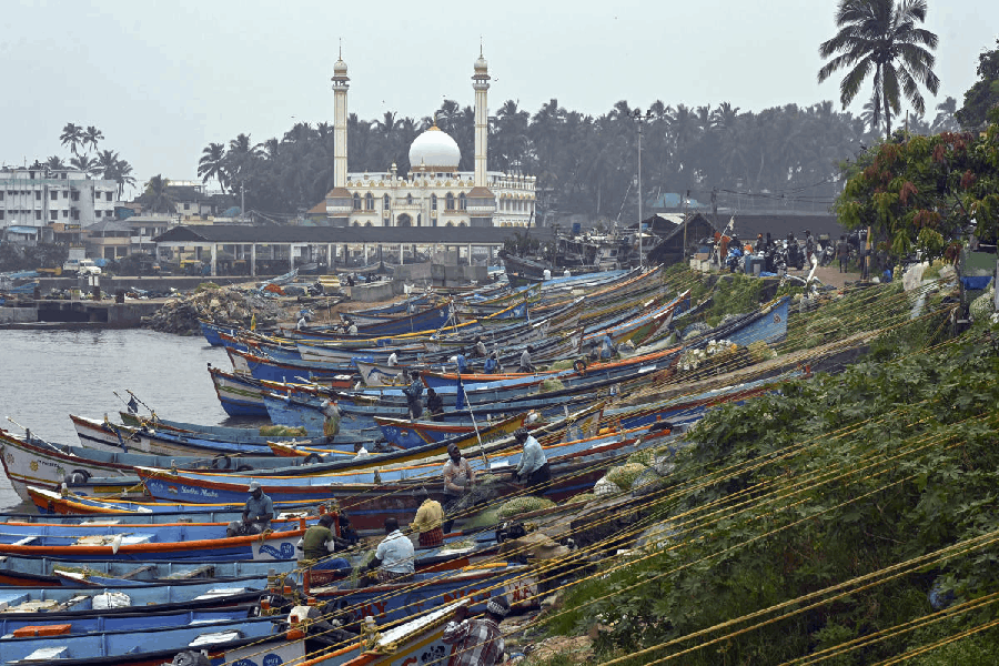 Fishing boats remain anchored at the Vizhinjam Harbour in the wake of bad weather and the impact of cyclonic storm Ditwah, in Thiruvananthapuram, Friday, Nov. 28, 2025.
