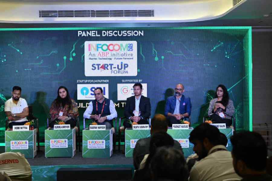 (Left to right) Agni Mitra, Gunika Grover, Gaurav Kapoor, Saumya Subhra Roy, Prasenjeet Mukerjee and Jasmine Kaur at a panel discussion at Infocom 2025 in Calcutta on Friday.