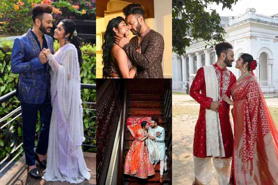 The looks of the bride and groom for the morning wedding functions are all about understated glamour and chic minimalism, with a hint of dewy freshness. The multi-hued bougainvillea backdrop captures the mood perfectly, while the couple channels the vibe in their looks.            Susmita dazzles in a contemporary pre-draped sari made of airy net in a soothing lilac shade, featuring beadwork and frills along the edges. The beads cascading down the lower pleats resemble delicate raindrops, enhancing the ensemble’s feminine charm. Shaheb dressed in a cobalt blue blazer, accented with gold streaks and intricate beadwork on the lapels, which blends structured style with a suave appeal.