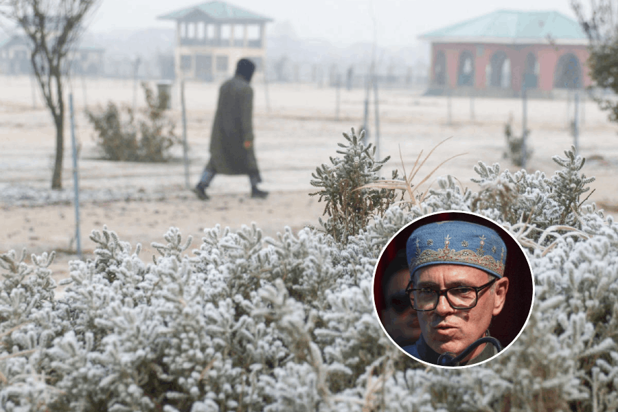A person walks past frost-covered plantations on a cold winter morning, in Srinagar, Saturday, Nov. 29, 2025, (inset) CM Omar Abdullah
