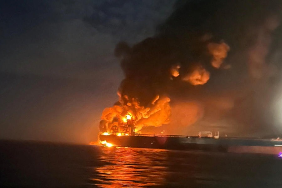 Flames and thick smoke rise from a tanker after blasts rocked two vessels from Russia’s shadow fleet in the Black Sea near Turkey’s Bosphorus Strait, in this image released November 28, 2025.