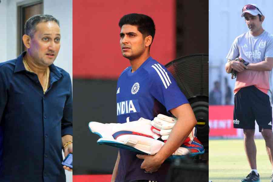 Chief selector Ajit Agarkar, ODI skipper Shubman Gill and head coach Gautam Gambhir (corner right)