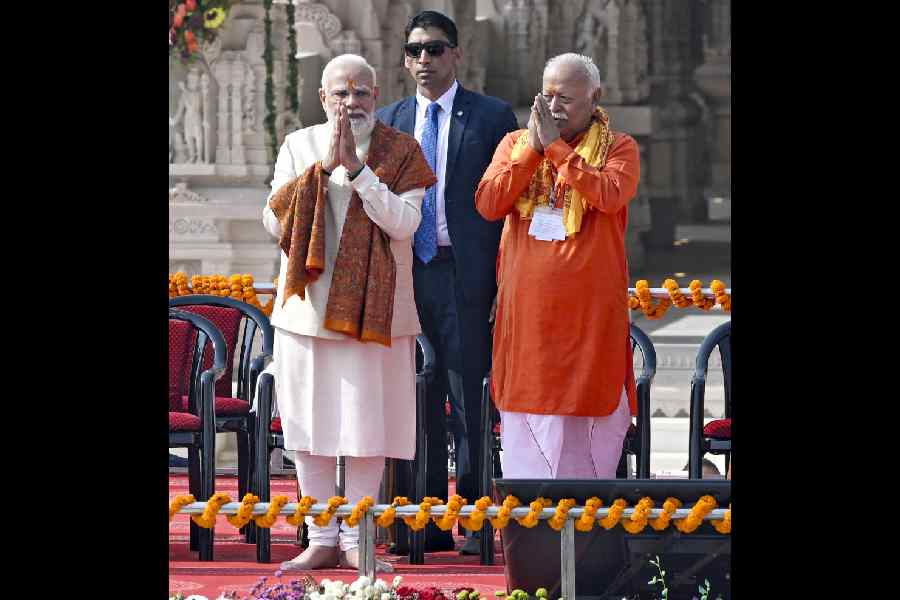 Prime Minister Narendra Modi with RSS chief Mohan Bhagwat during the ‘Dhwajarohan’ ceremony at the Ram Temple, in Ayodhya, Uttar Pradesh.