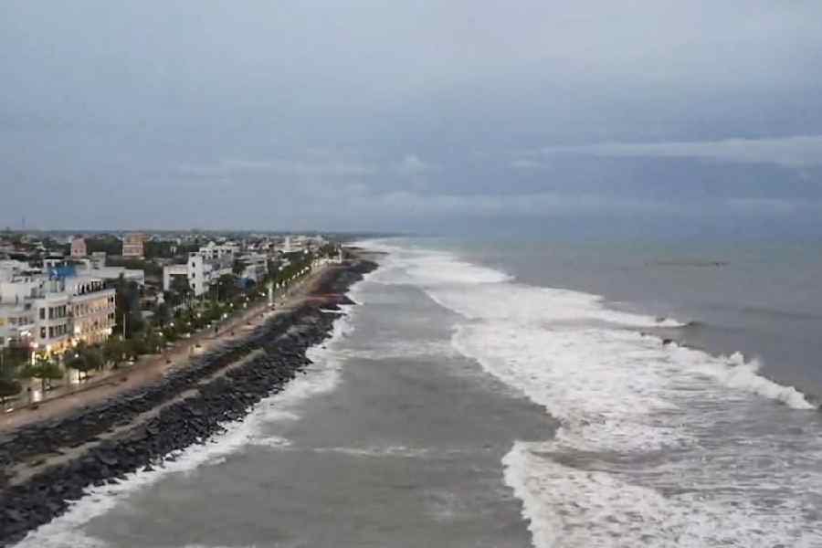 An aerial view of waves crashing at the shore as cyclone Ditwah approaches, in Puducherry, Saturday, Nov. 29, 2025.