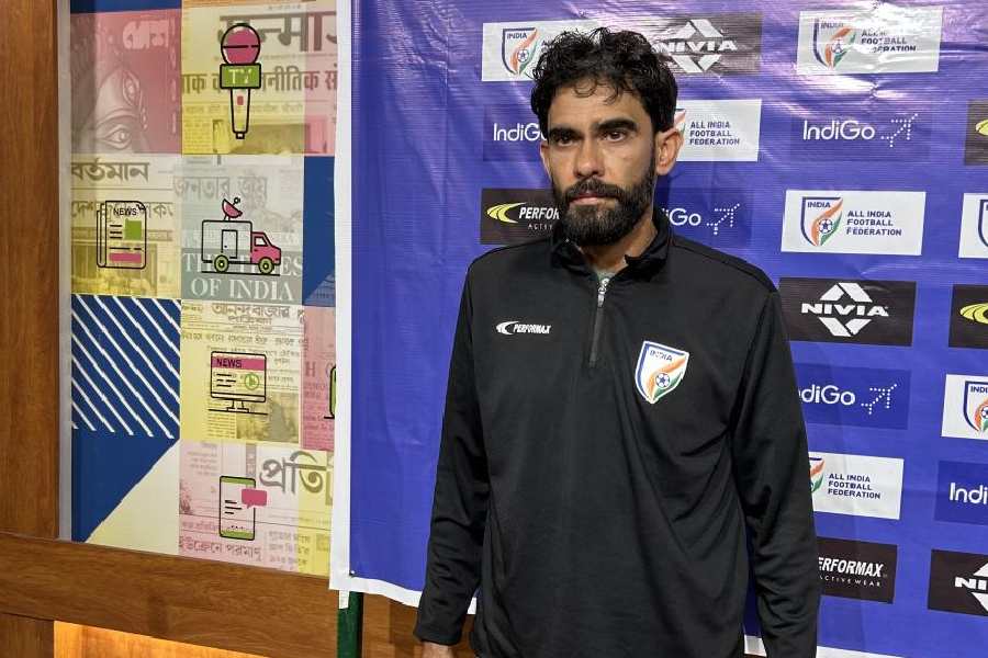 India football team coach Khalid Jamil after Saturday’s news conference at the Press Club. 