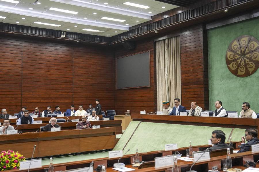 Union Ministers Kiren Rijiju, Arjun Ram Meghwal, Rajnath Singh, JP Nadda and others during the all-party meeting ahead of Parliament's winter session, in New Delhi, Sunday, Nov. 30, 2025.