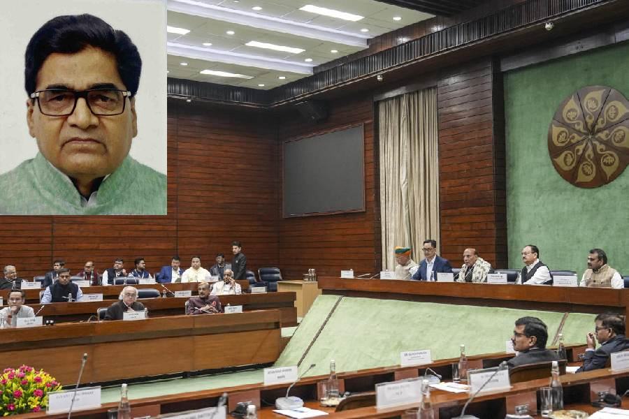 Union Ministers Kiren Rijiju, Arjun Ram Meghwal, Rajnath Singh, JP Nadda and others during the all-party meeting ahead of Parliament's winter session, in New Delhi, Sunday, Nov. 30, 2025.