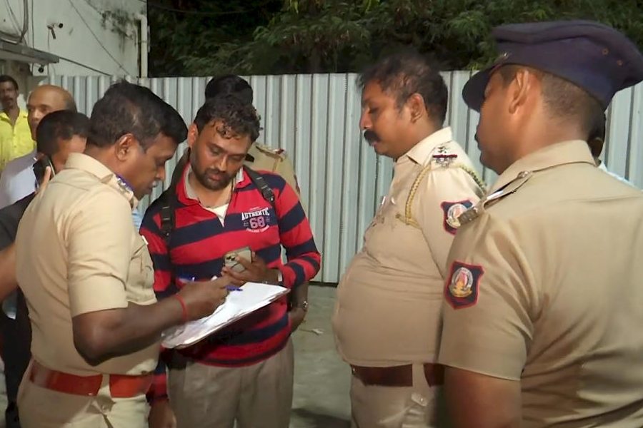 Police personnel at the site after an under-construction building collapses, in Chennai, Tuesday, Sept. 30, 2025.