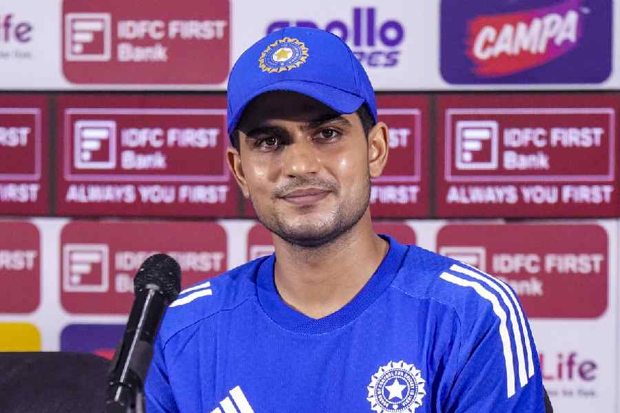 India's Shubman Gill at a press conference ahead of the India vs West Indies cricket test match, in Ahmedabad, Gujarat, Wednesday, Oct. 1, 2025.