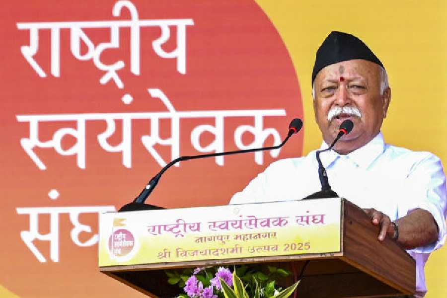 Mohan Bhagwat speaks at the RSS event in Nagpur on Thursday.