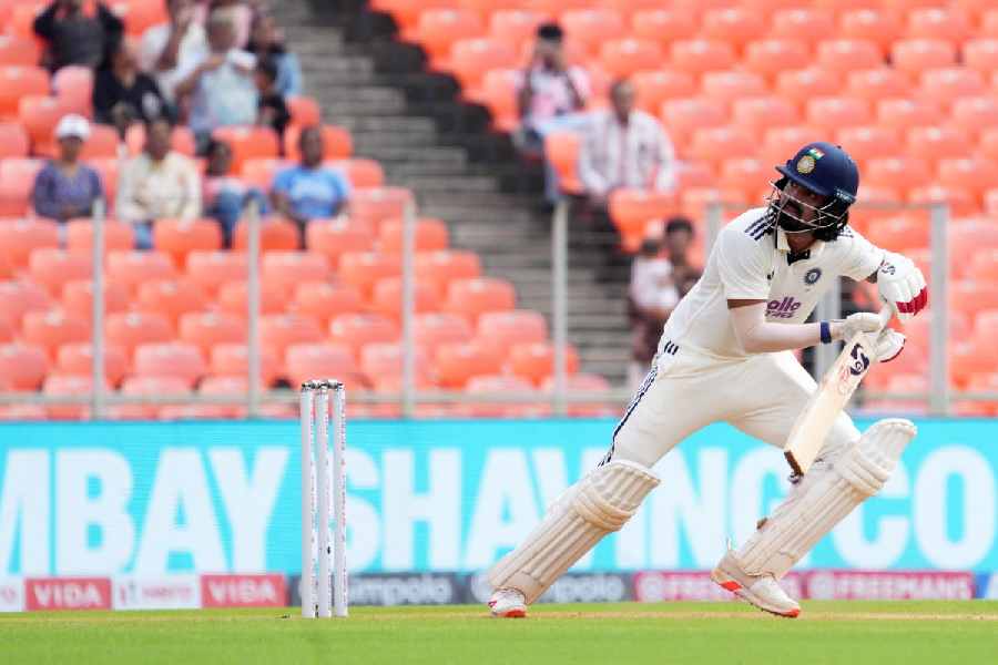 India's KL Rahul plays a shot during the second day of the first Test cricket match between India and West Indies at the Narendra Modi Stadium in Ahmedabad, Gujarat, Friday, Oct. 3, 2025.