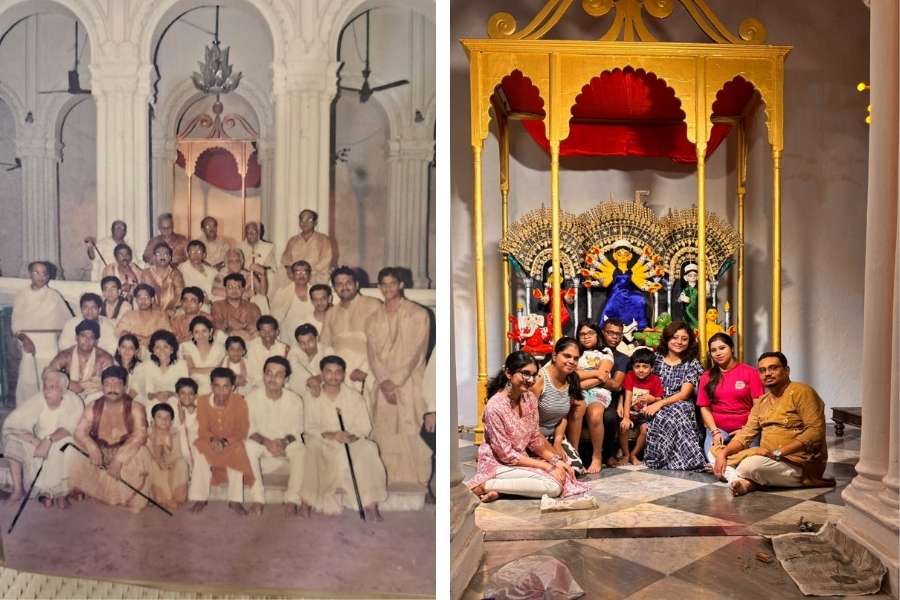 (L) A picture of the Mitra family on Dashami during their 200th Durga Puja celebration (R) A picture of the family ahead of the celebrations this year