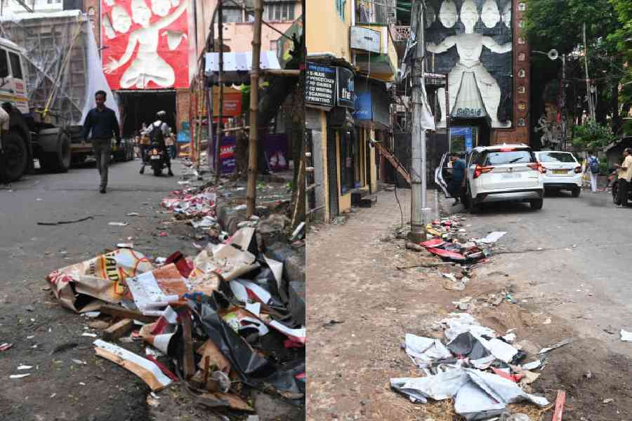 Garbage lies strewn along Ramani Chatterjee Road on Saturday. Garbage lies strewn along Dover Lane near Singhi Park Puja pandal on Saturday