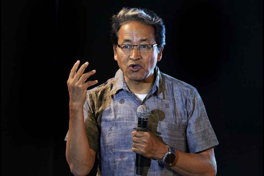Engineer, innovator and education reformist Sonam Wangchuk greets students during 'Made in JIS-Edition 2025', in Kolkata, West Bengal, Tuesday, Aug. 5, 2025.