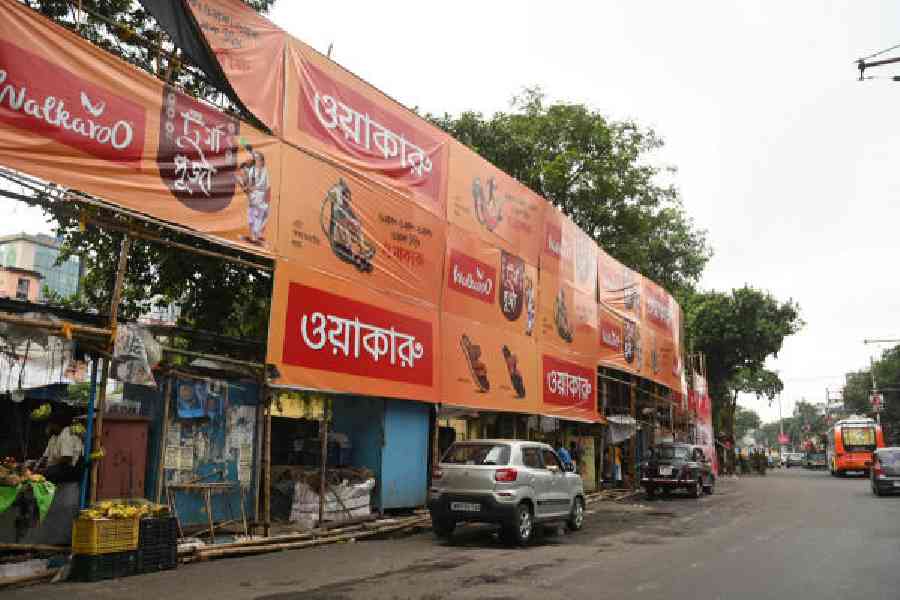 Puja advertisement hoardings along Rashbehari Avenue on Sunday. Pictures by Bishwarup Dutta
