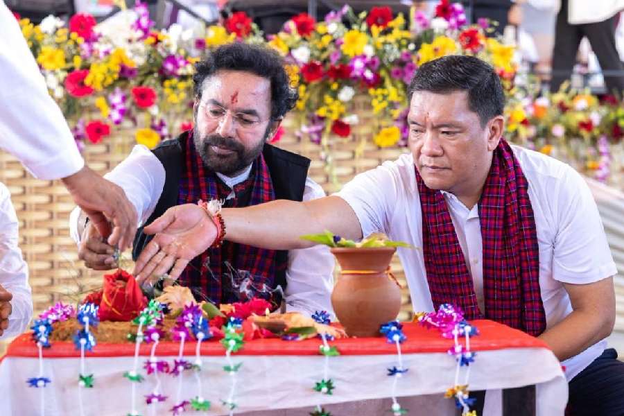 G Kishan Reddy and Pema Khandu during the bhumi pujan of the coal mine project site on Monday