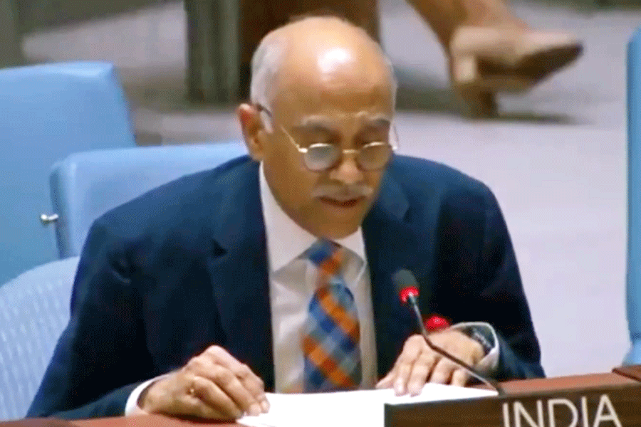 Permanent Representative of India to the United Nations, Parvathaneni Harish delivers India's statement at the UN Security Council Open Debate on Women, Peace and Security, in New York, USA, Tuesday, Oct. 7, 2025.