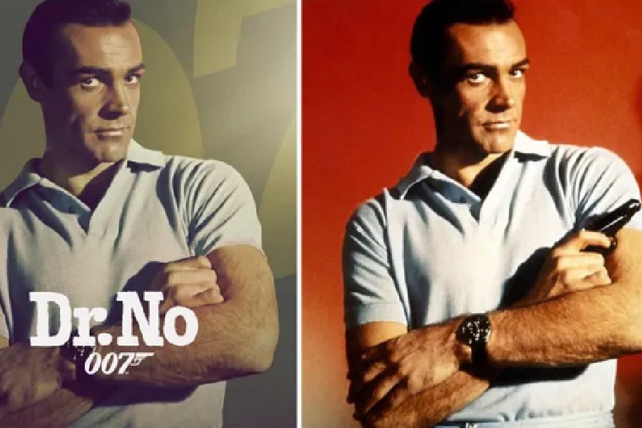 (left to right) Prime Video’s altered image of Sean Connery without his firearm; the unedited 1962 original