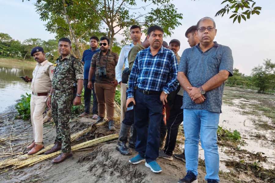 Forest department officers wait on the banks of the Torsha for the kunkis to arrive for the rescue