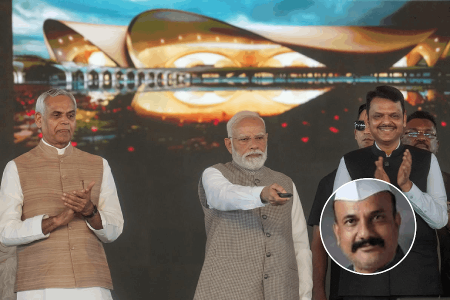 Prime Minister Narendra Modi with Maharashtra Governor Acharya Devvrat and Chief Minister Devendra Fadnavis during the inauguration of Phase 1 of the Navi Mumbai International Airport, in Navi Mumbai, Maharashtra, Wednesday, Oct. 8, 2025, (inset) Maharashtra Congress president Harshwardhan Sapkal.