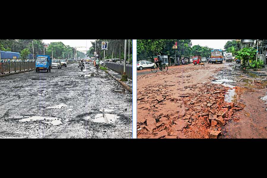 Battered and broken stretches of Taratala Road on Wednesday.
