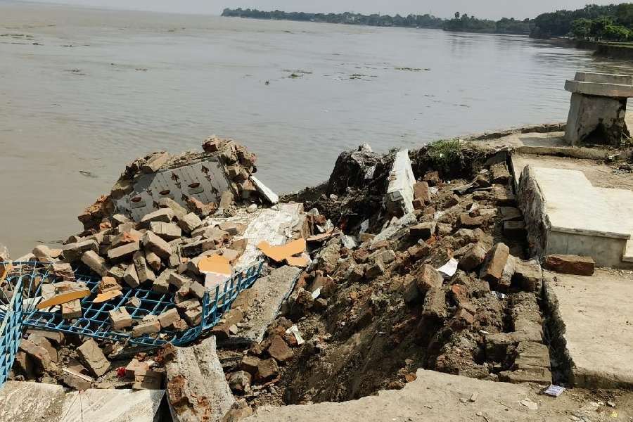 The remnants of the Kali temple after it crashed into the Ganga following the erosion.