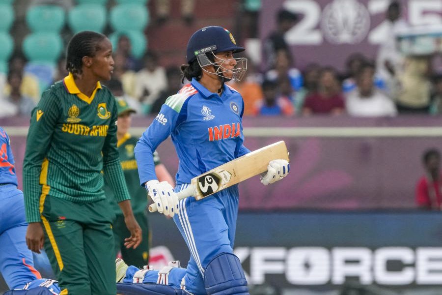 India’s Smriti Mandhana during the ICC Women's World Cup ODI cricket match between India Women and South Africa Women, at the ACA-VDCA International Cricket Stadium, in Visakhapatnam, Thursday, Oct. 9, 2025.