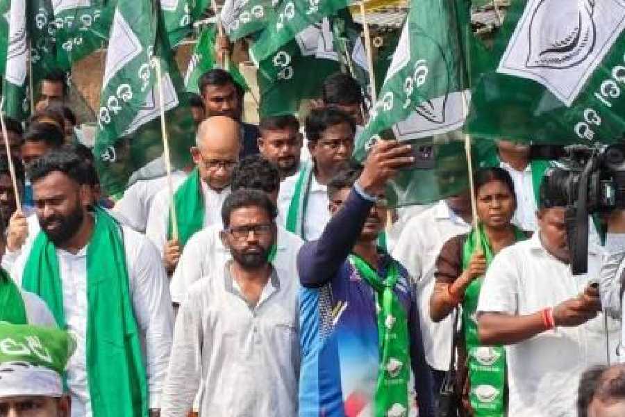 BJD leaders during the launch of the Jan Sampark Yatra at Suando village in Puri on Thursday.