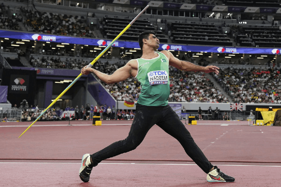 Pakistan's Arshad Nadeem competes in the men's javelin throw final at the World Athletics Championships in Tokyo, Thursday, Sept. 18, 2025.