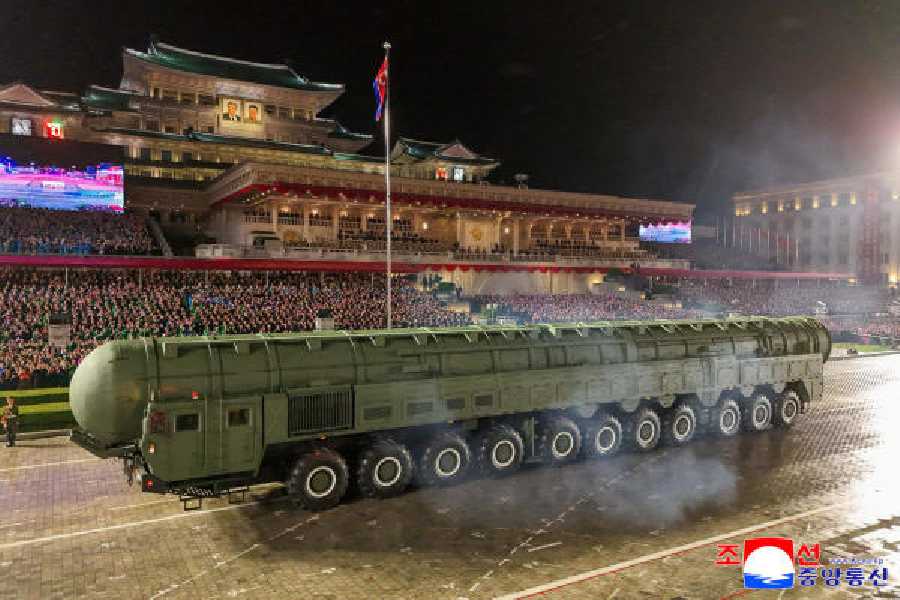 North Korea displays the Hwasong-20, an intercontinental ballistic missile, during the military parade in Pyongyang on Friday. 