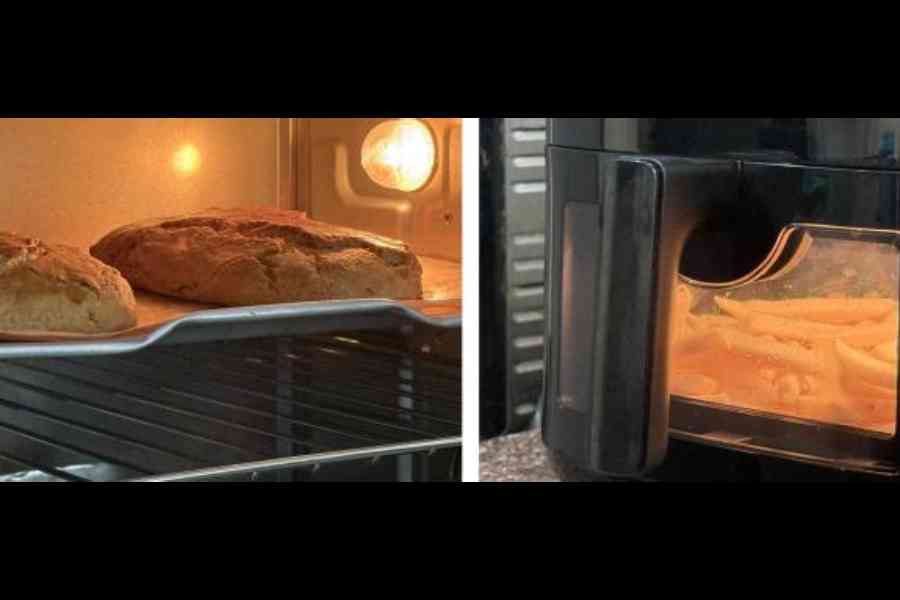 Like in a traditional oven (left), you can see what's cooking inside the basket of the air fryer