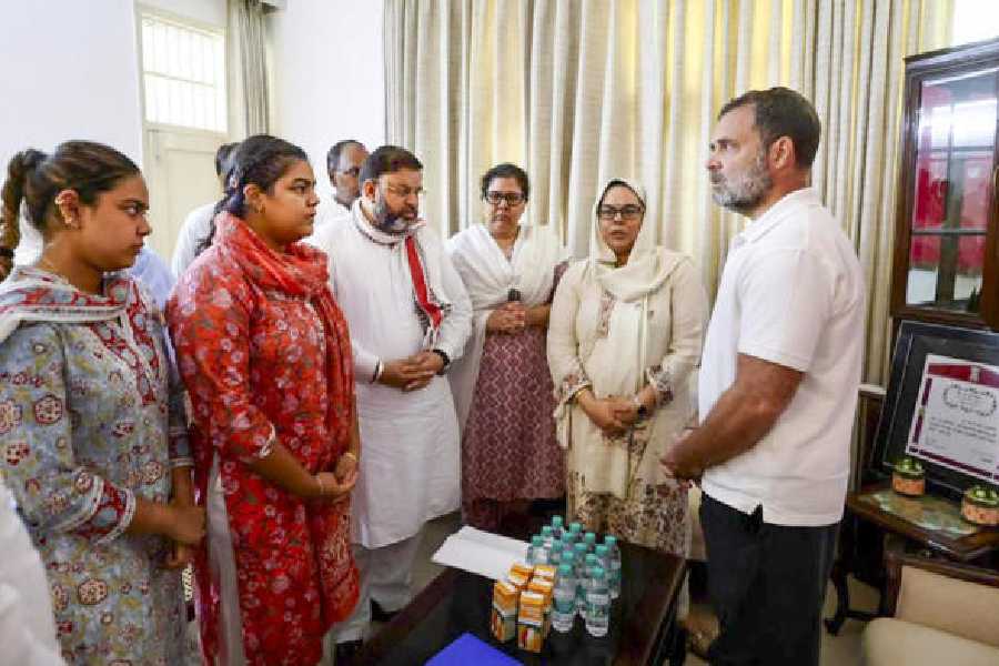 Rahul Gandhi meets the family members of Haryana IPS officer Y Puran Kumar in Chandigarh.