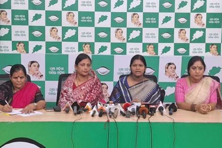 Senior leaders of women's wing of BJD address a press conference here on Wednesday, criticising the Mohan Majhi government