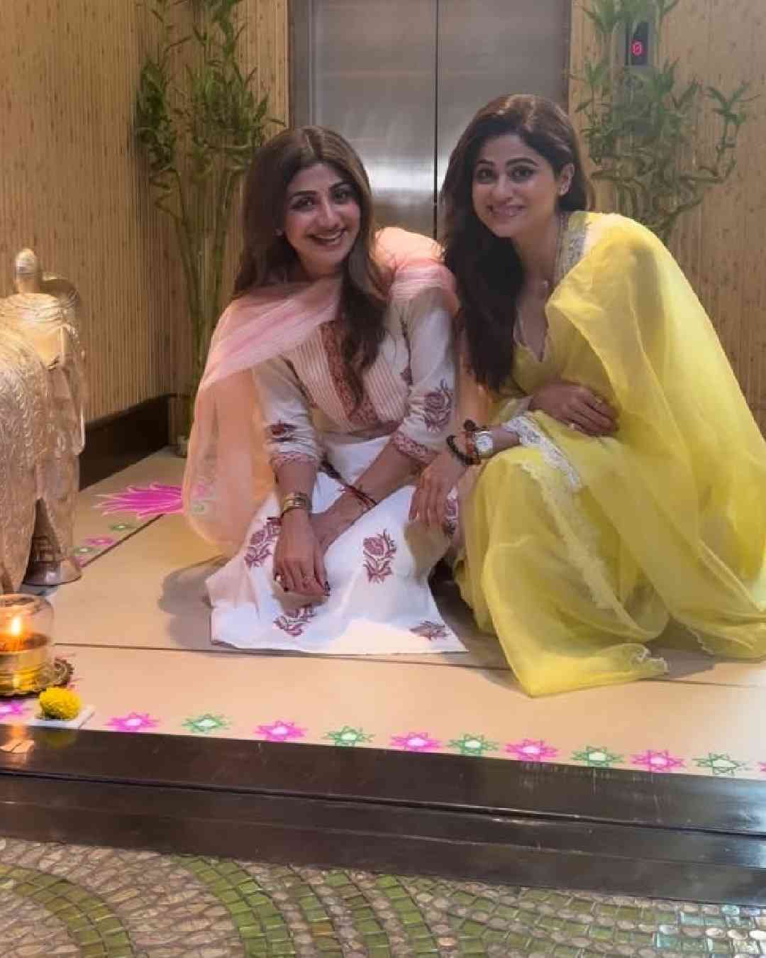 Actress Shilpa Shetty made vibrant rangolis with her younger sister Shamita Shetty.  