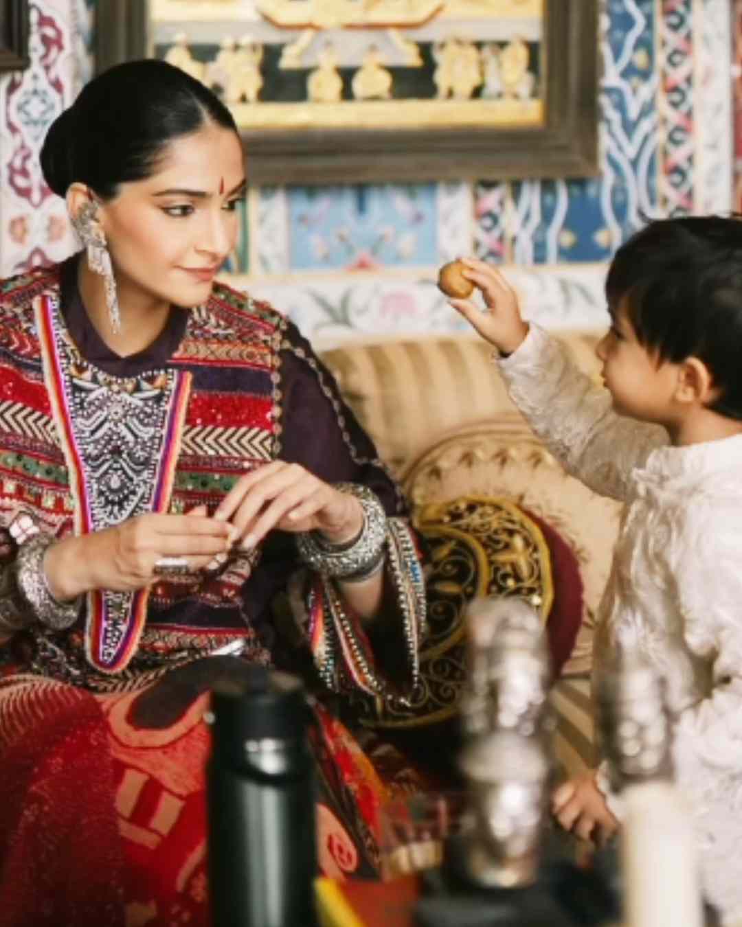 Actress Sonam Kapoor observed Diwali with her family, spending quality time with her son Vayu. 