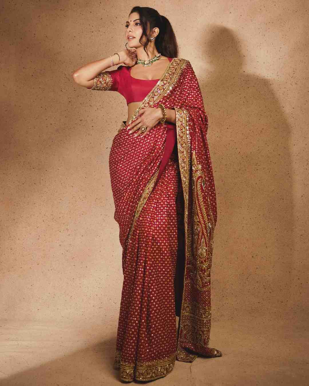 Jacqueline Fernandez stole the show in a red sari with golden zari borders. The 40-year-old actress last appeared in the film Housefull 5. 