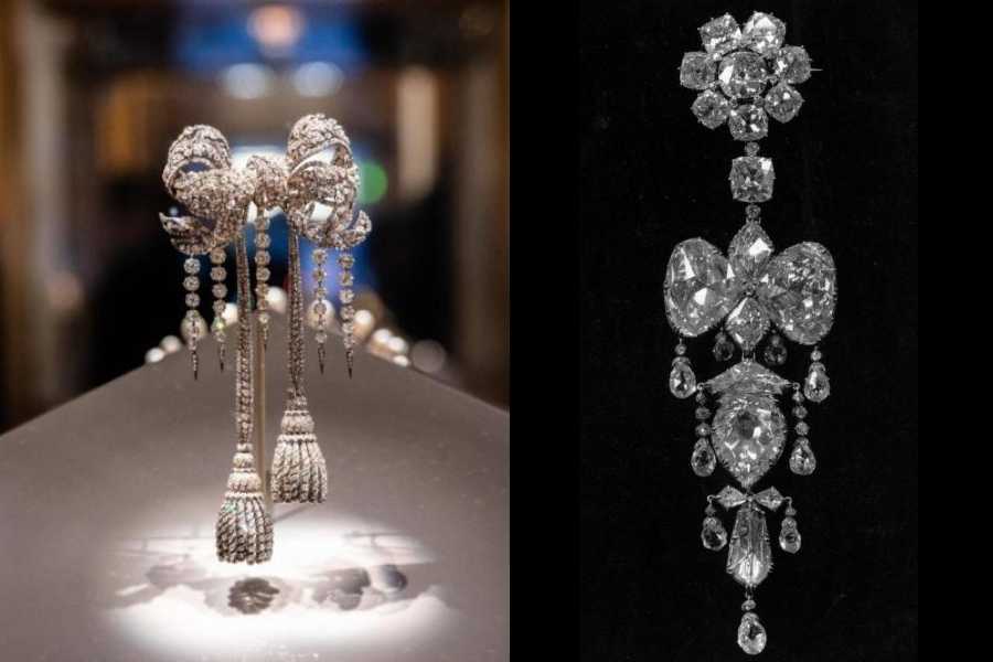 Empress Eugenie decorative bow and (right) Empress Eugenie brooch