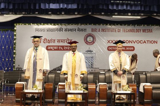 (L-R): Professor Indranil Manna, Vice Chancellor of BIT Mesra; Dr V Narayanan, Chairman of ISRO;  CK Birla, Chancellor of BIT Mesra