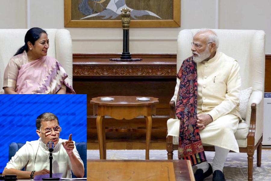 In this image posted on Oct. 21, 2025, Prime Minister Narendra Modi with Delhi Chief Minister Rekha Gupta during a meeting, in New Delhi.