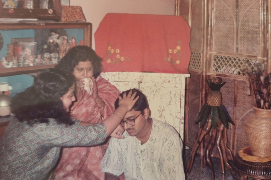 A picture of my mother on bhai phonta after her family relocated to Barasat from Guwahati, years before her marriage.