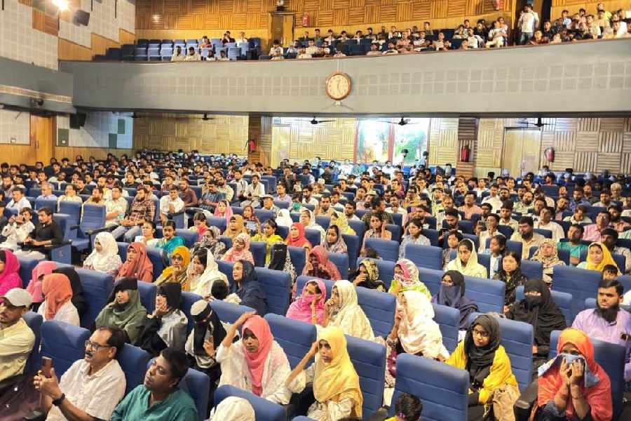The packed Rabindra Sadan auditorium in Behrampore where the meet was held on Thursday.