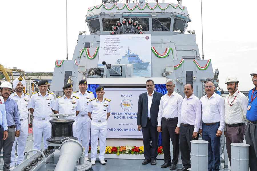Navy personnel during the induction of ‘Mahe’, the first of 8 Anti-Submarine Warfare Shallow Water Crafts built by Cochin Shipyard Limited