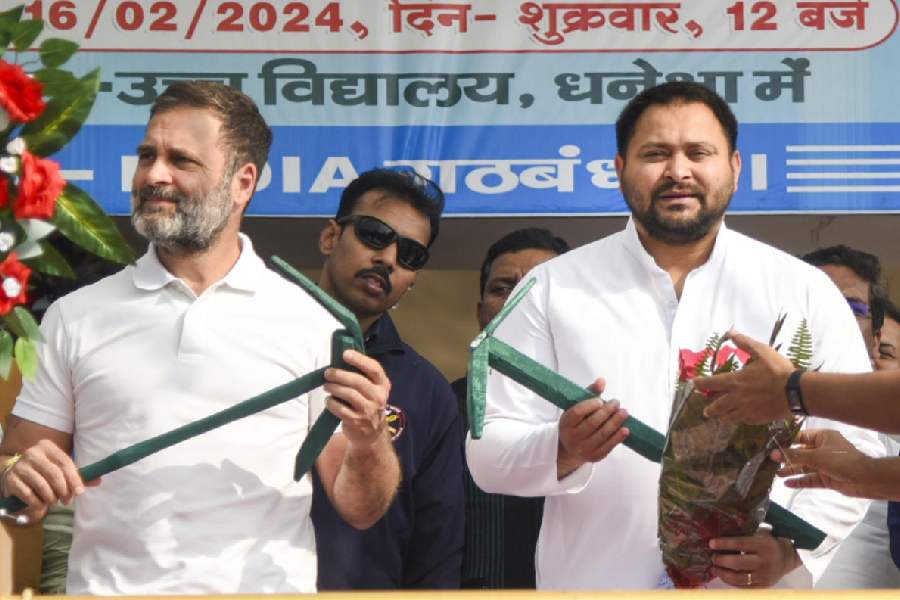 Congress leader Rahul Gandhi with former Bihar deputy chief minister Tejashwi Yadav and others at a public meeting during the ‘Bharat Jodo Nyay Yatra’, in Buxar district, Friday, Feb. 16, 2024.