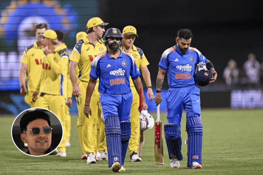 India’s Rohit Sharma, left, and Virat Kohli return to pavilion after winning the third One-Day International (ODI) cricket match of a series against Australia, (inset) Shubman Gill