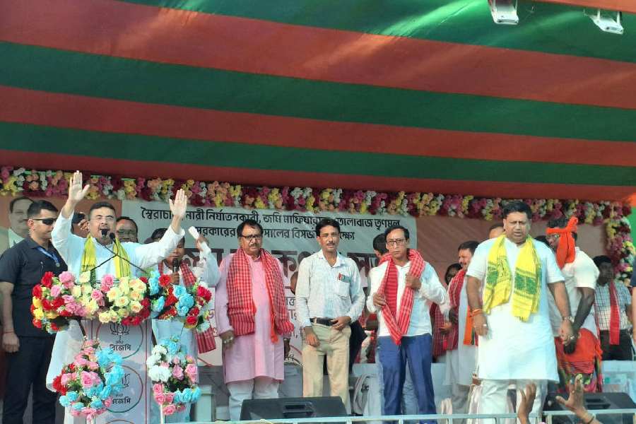 Suvendu Adhikari (hands raised) and Sukanta Majumdar (right) at Gangarampur, North Dinajpur, on Saturday