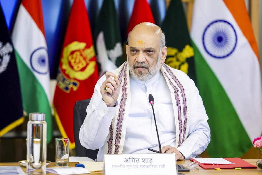 Union Home Minister Amit Shah addresses a high-level meeting with senior officials on the security situation in Jammu and Kashmir.