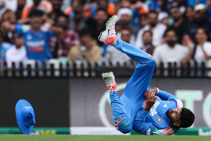 Shreyas Iyer falls while taking a catch to dismiss Alex Carey.